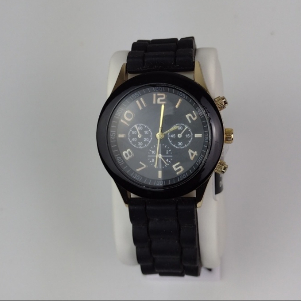 Darice Black Tactical-Like Rugged Rubber & Gold Easy to Read Wrist Watch 38.1 mm